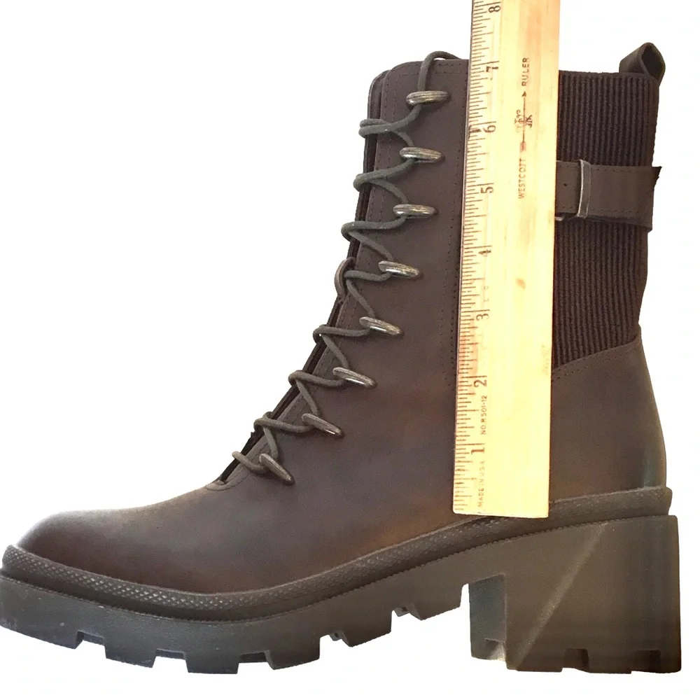 🆕TAHARI MELISSA Chunky Combat Ankle Boot Brown Vegan Leather Lace/Zip up Size-10 - Picture 11 of 16